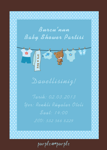 Kahve mavi tonlarında baby shower davetiyesi