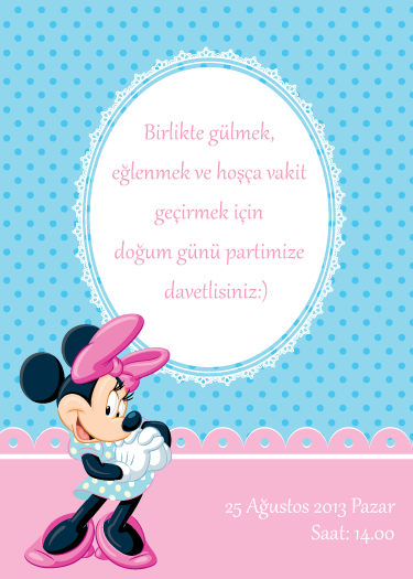 Minnie Mouse temalı doğum günü davetiyesi